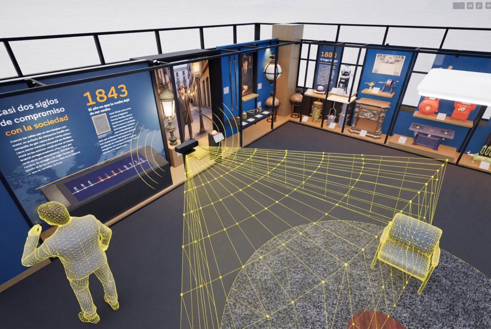 Visualización del funcionamiento de la cámara de profundidad: malla de detección sobre la sala y visitante detectado