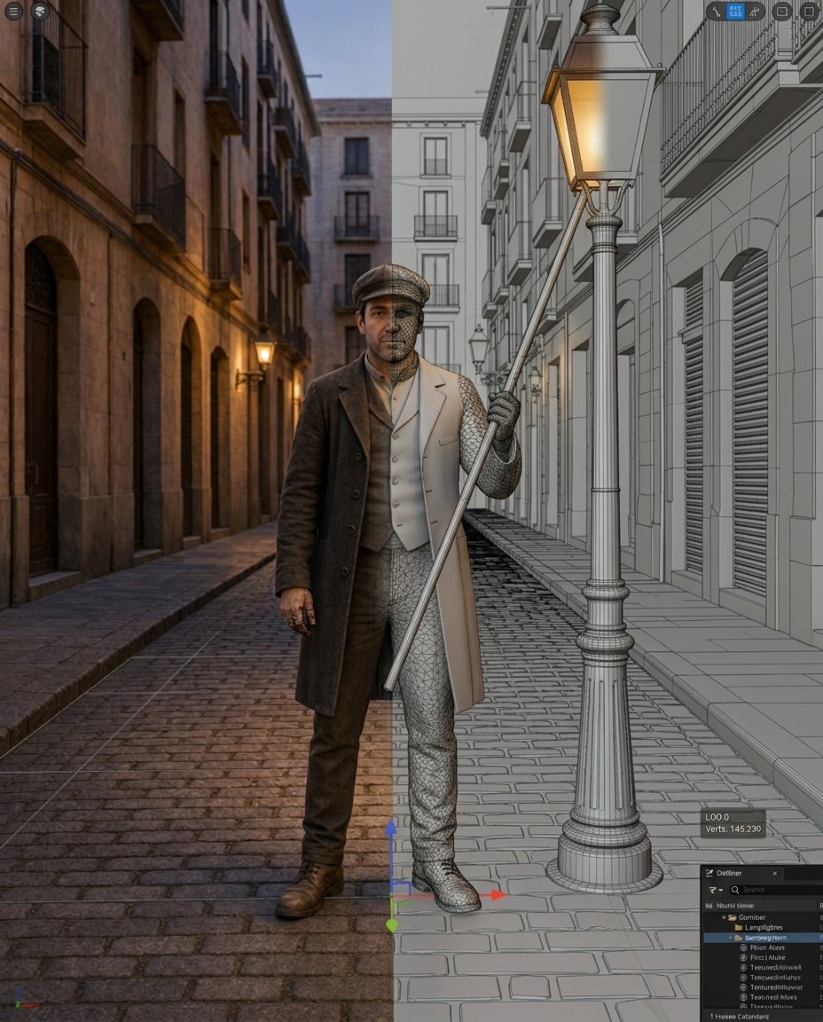 Proceso de producción del personaje del farolero en 3D: modelado y escena